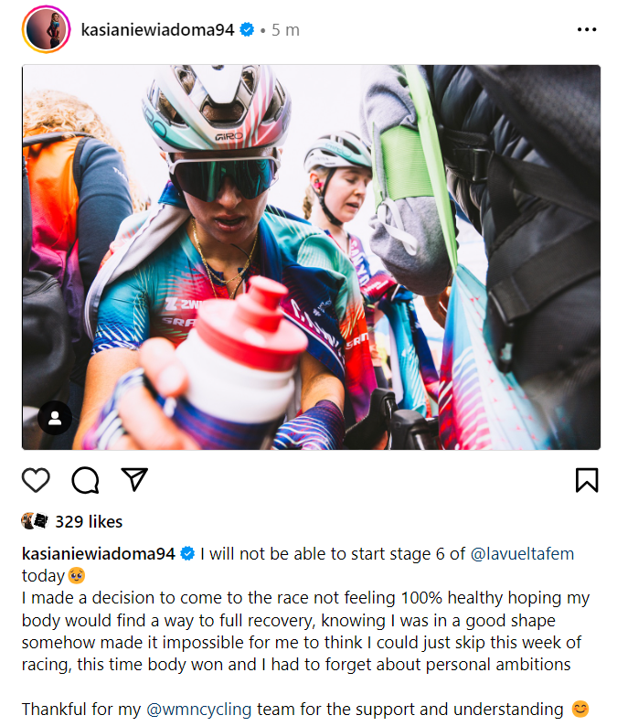 They're dropping like flies - after Realini pulls out now Kasia is gone - totally understand, she's been sick. But still 😢 (from her insta) #LaVueltaFeminina