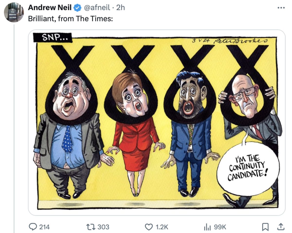 Utterly disgraceful cartoon from The Times showing SNP politicians being hanged. Andrew Neil describes cartoon as 'Brilliant'. 
I have cut and pasted image in case it is deleted. 

There really is nothing left in this UK for Scotland.