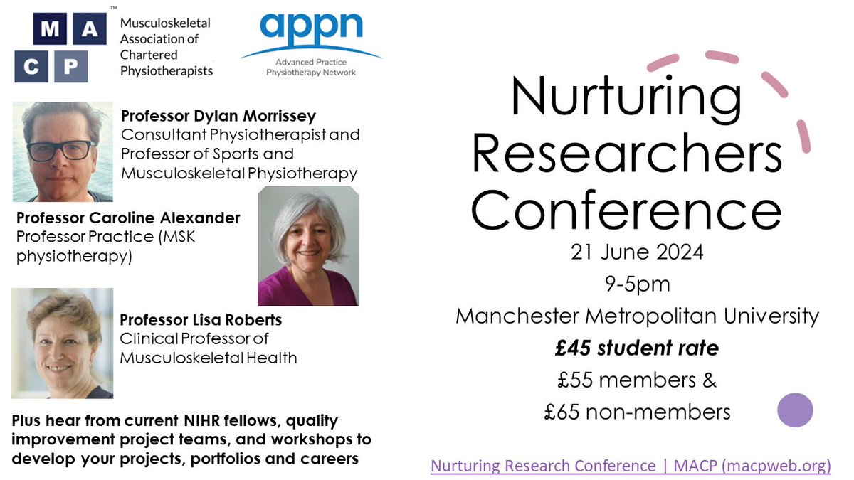 Nurturing researchers conference: bring your ideas &unfinished abstracts: a forum to network, hear from others who have navigated clinical academic careers +quality improvement &audit projects. Student rate £45 or £55 for members of @APPN_physio @PhysioMACP