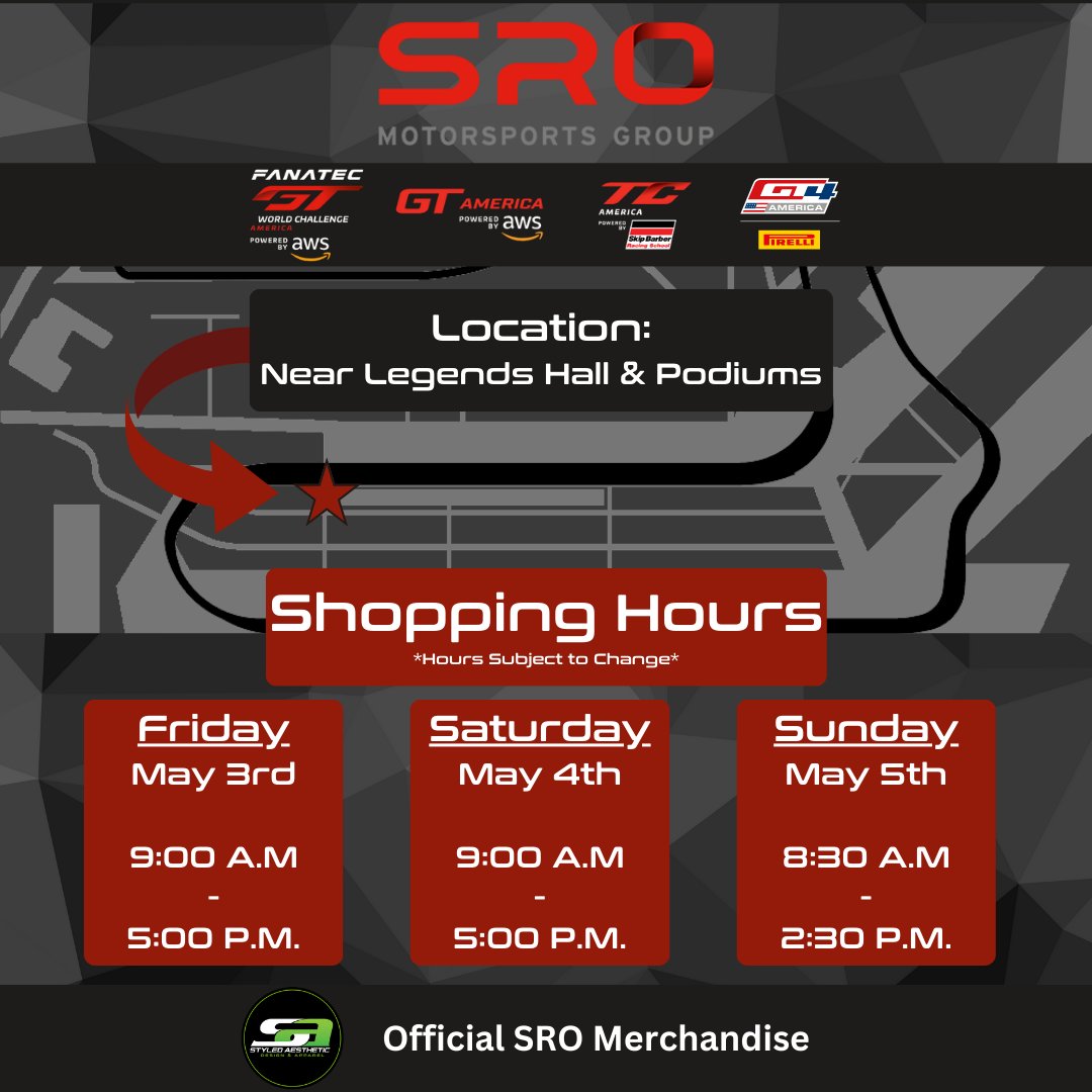 Make sure to stop at The Official SRO Merchandise Tent this weekend at Sebring. Don't miss your chance to get new gear from your favorite Series, Teams, and Drivers all under one roof. See you soon!