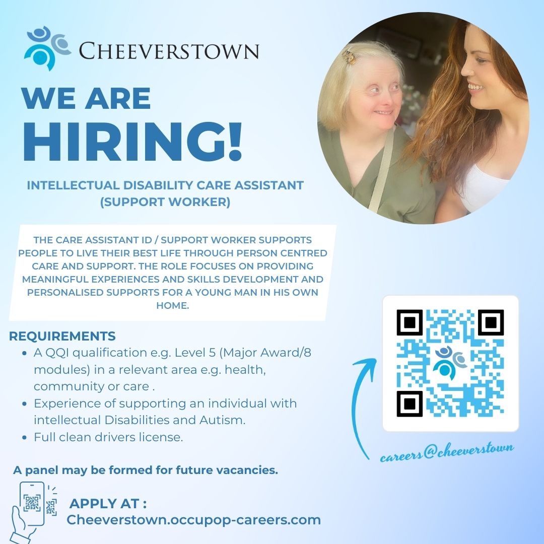 We are hiring! Cheeverstown is now hiring for an Intellectual Disability Care Assistant (Support Worker) position.

See details and apply by using the link below!
api.occupop.com/shared/job/sup…

#Hiring #jobopporuntity #cheeverstown #dublinjobs