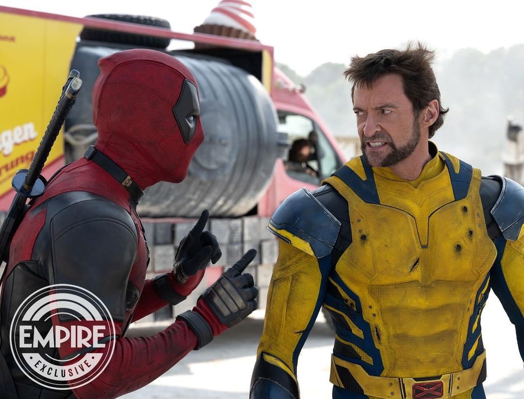 What could Deadpool possibly be saying here? 😂 Another one from the Empire article. 📸: @ jaymaidmentphotography #deadpoolandwolverine #deadpool #wolverine #LFG #deadpool3 #marvel #wadewilson #logan #ryanreynolds #hughjackman #mcu #comicbook #cbm #marvelstudios