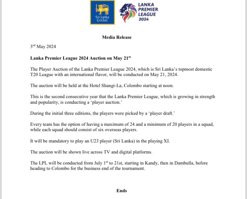 Lanka Premier League 2024 Auction on May 21st

#sportspavilionlk #LPL2024 #LPL #danushkaaravinda