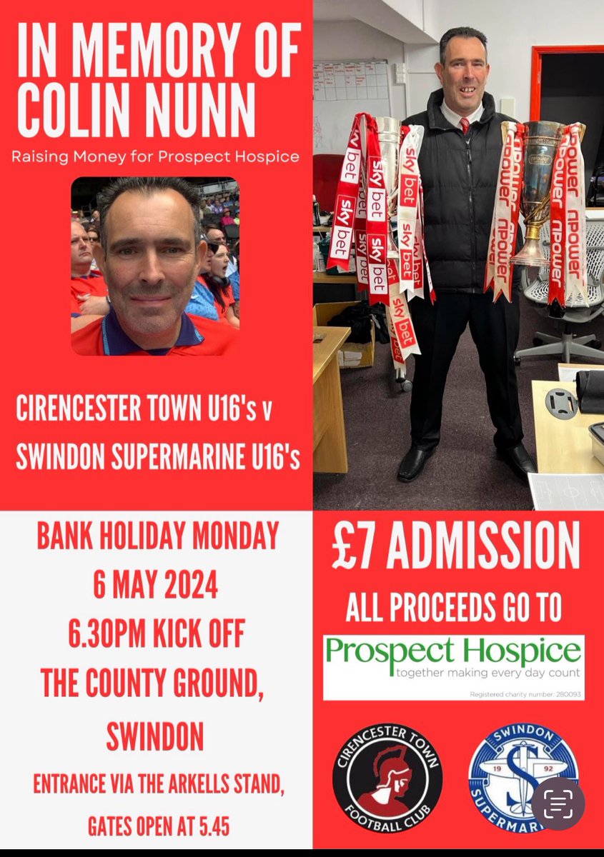 A charity game is taking place on Monday to raise money for Prospect Hospice in memory of former committee member and league referee Colin Nunn. Kick off is 6:30 at the county ground, so if you’re around please support this great cause.