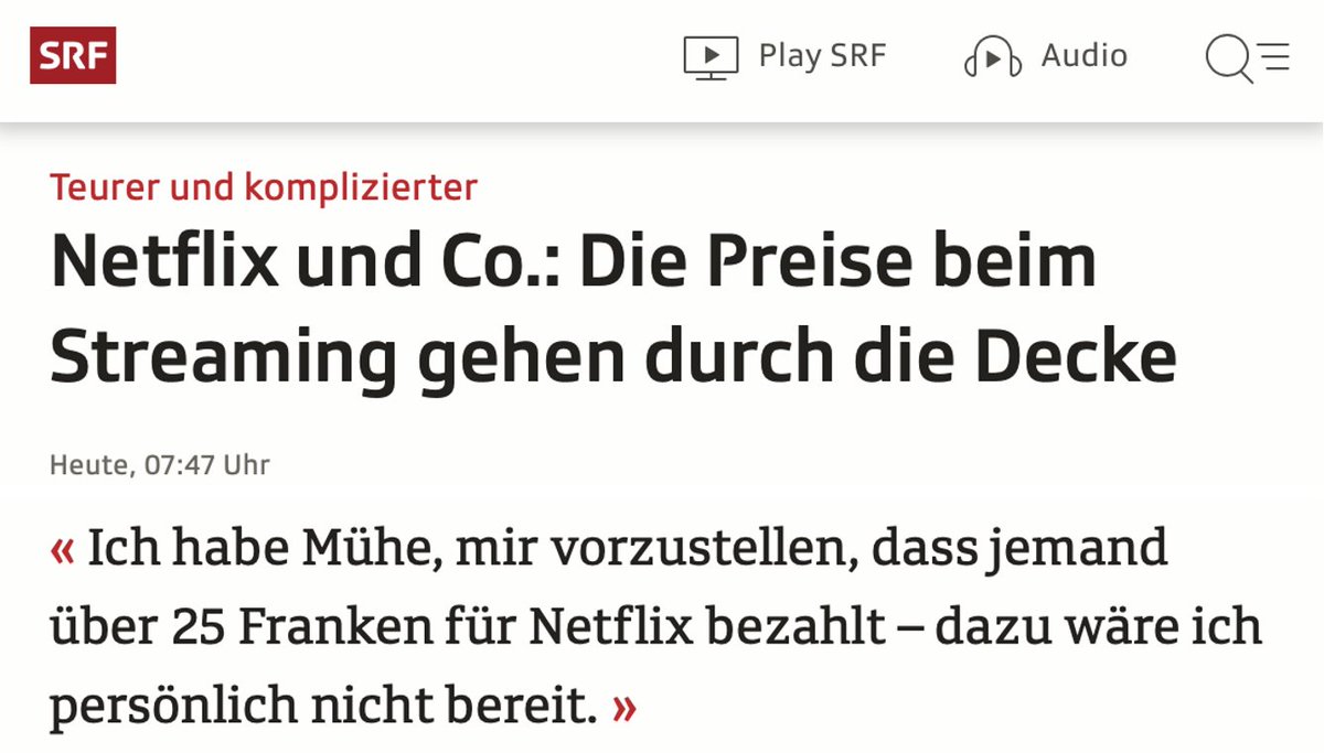 #SRF - das 28 Franken pro Monat auch von denjenigen abzockt, die an SRF kein Interesse haben - kritisiert das Premium-Abo von <a href="/netflix/">netflix⁷</a> für das man freiwillig 25 Franken pro Monat ausgeben kann. <a href="/srfnews/">SRF News</a>