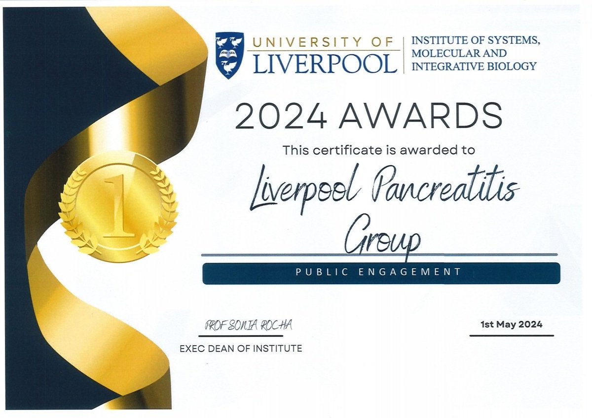 Great to have the Liverpool Pancreatitis Research Group recognised for our recent innovative and diverse approaches to public engagement by @LivUniISMIB 

Fantastic leadership shown by @ELARA_Awais and contributions from all other team members😊