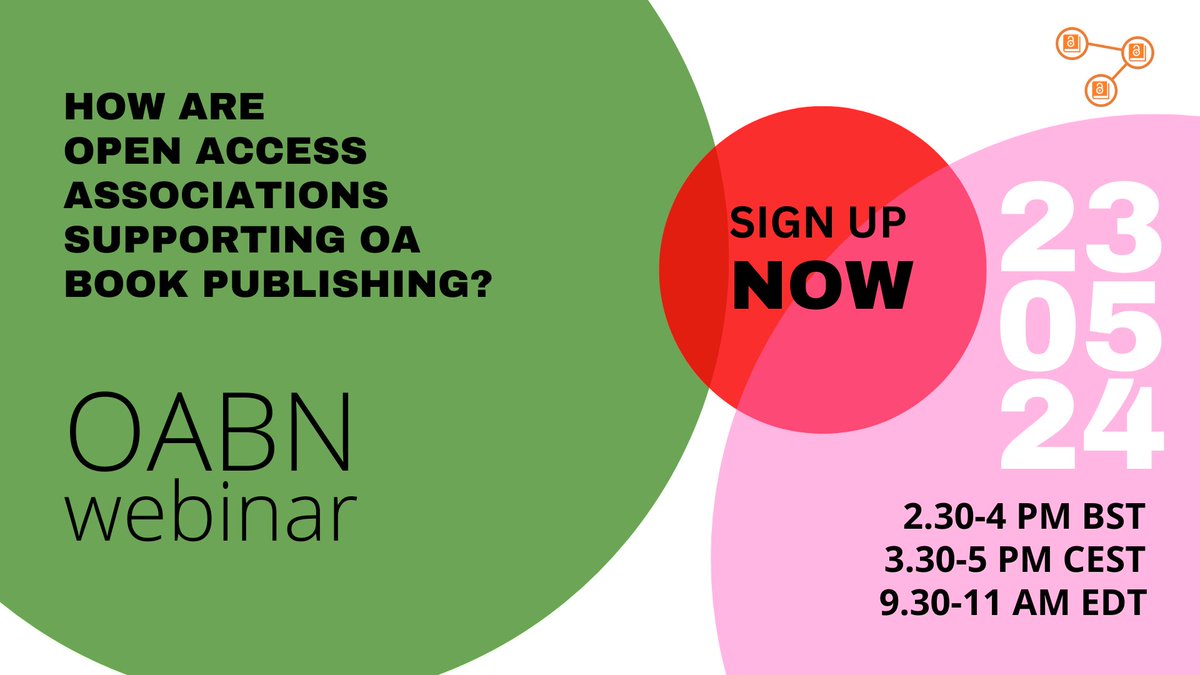❓Have you signed up to our webinar on Thurs 23 May @ 3.30-5pm CEST❓

'How are #OA associations supporting #OAbooks publishing?'

🗣️Hear from OA associations across Europe about how they support #OAbooks, and join the conversation:

🔗docs.google.com/forms/d/e/1FAI…