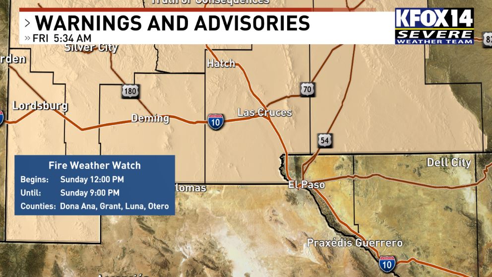 ⚠️A Fire Weather Watch has been issued for parts of Dona Ana, Otero, Grant and Luna counties. ⚠️ This starts Sunday at 12 PM and will last till that evening at 9 PM. Windy conditions, warm temperatures , and low humidity elevate the danger of fire.🔥