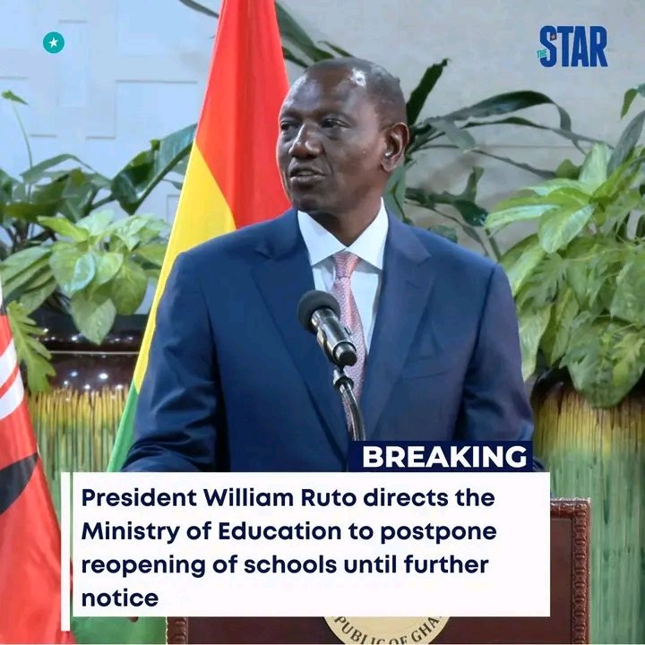 Breaking News President William Ruto has directed the Ministry of Education to postpone the reopening of all schools until further notice. Schools were set to reopen on Monday, May 6.