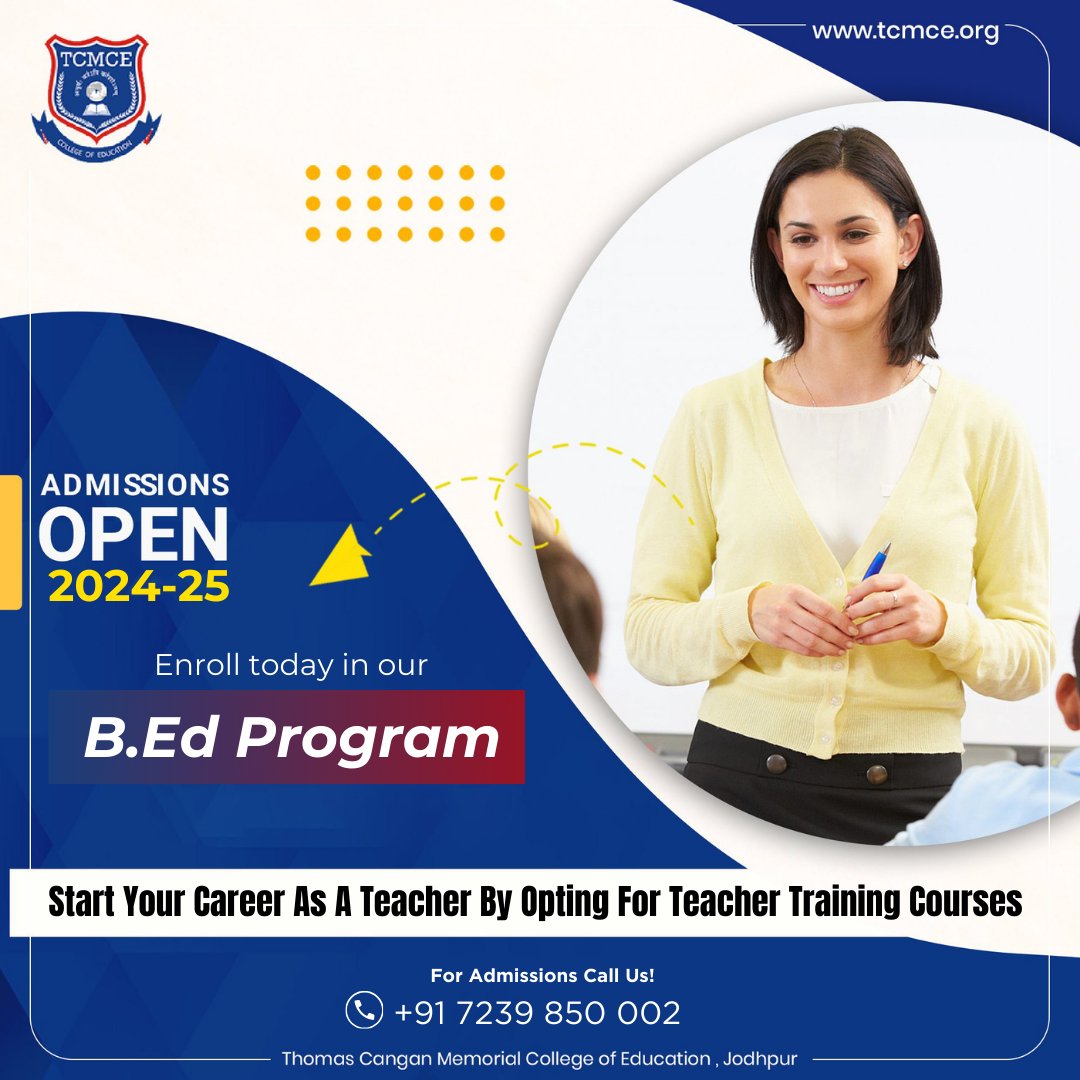 oin our teacher training course (B.Ed.) at TCMCE!
Learn through practical classes with our experienced faculty.

For more information, call +91 7239850002
Visit tcmce.org

#TeacherTraining #EducationPathway #BEdProgram #TeachingExcellence
