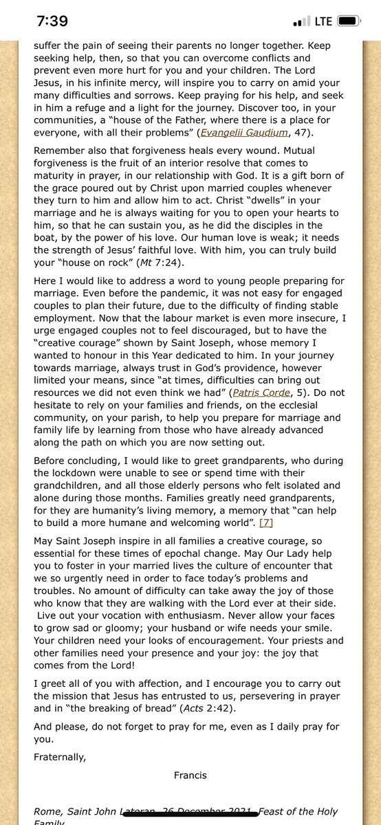 Excerpts on letter by Pope Francis. ♥️