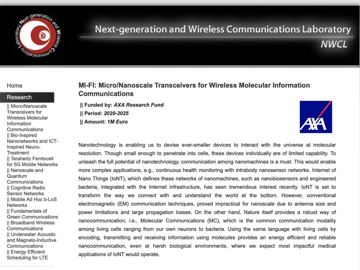 INTRABODY NANOSENSOR NETWORKS

COMPUTER NETWORKING THROUGH THE HUMAN BODY

MI-FI: Micro/Nanoscale Transceivers for Wireless Molecular Information Communications                                         nwcl.ku.edu.tr/axa.html