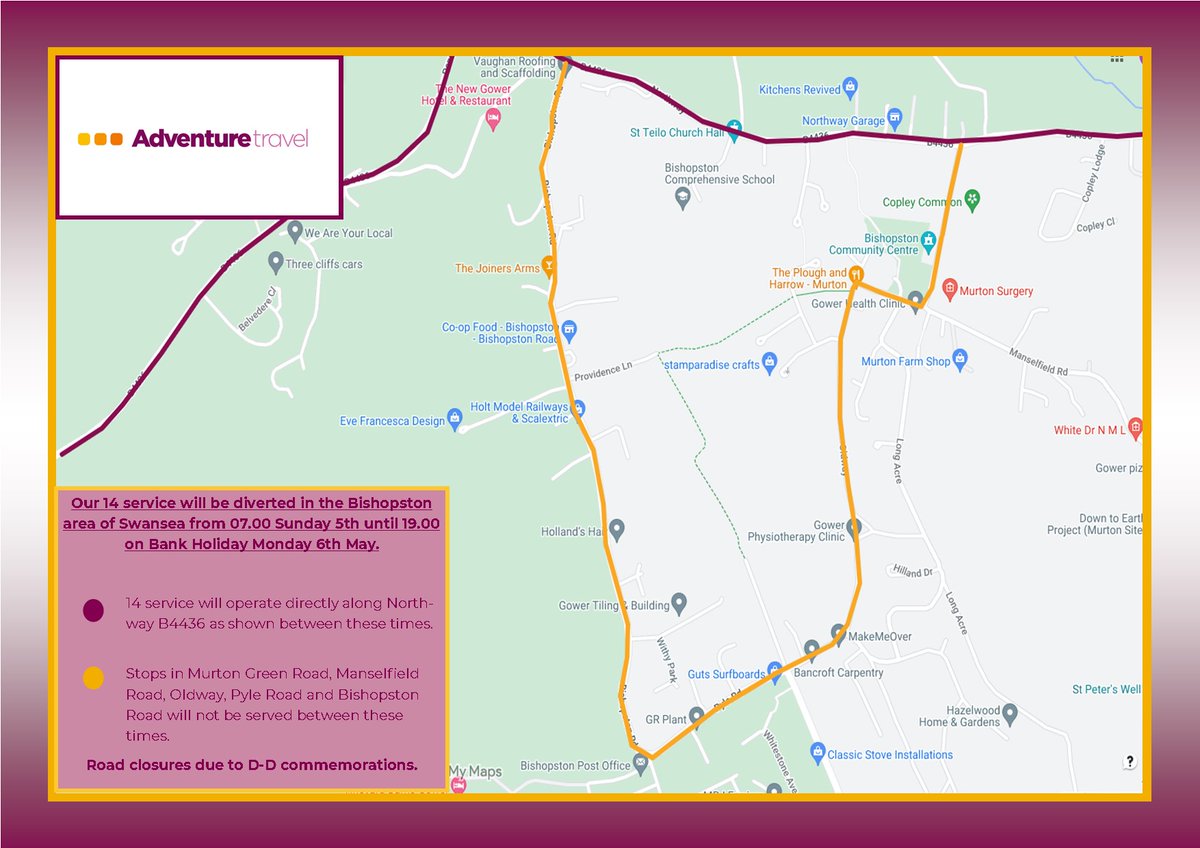 Please note our 14 service will be diverted on Sunday (05/05/2024) and Monday (06/05/2024). Please see the map below for more details.