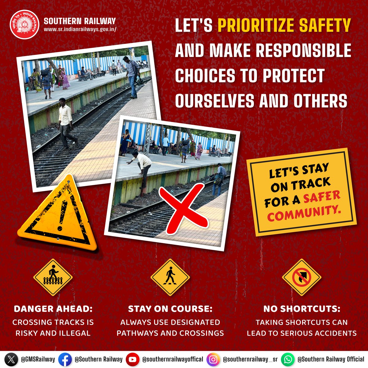 Crossing tracks: A lethal mistake. Embrace safety, use the foot-over bridge, lifts, and escalators instead. Your life matters, so let's make every #journey a safe one #SafetyFirst