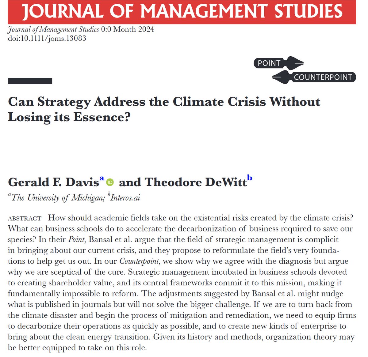 Can the academic field of strategy face the climate crisis and abandon its love of shareholder value? Another banger with Teddy DeWitt -- this one is sure to win us some friends. onlinelibrary.wiley.com/doi/epdf/10.11…