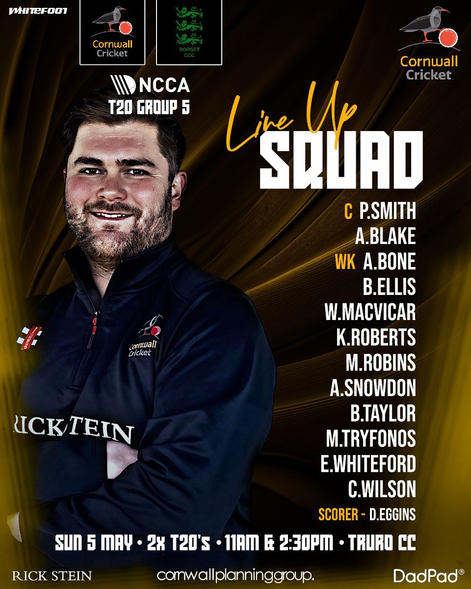 Cornwall County Cricket Club (@cornwallccc) on Twitter photo Squad news for the <a href="/NCCA_uk/">NCCA (National Counties Cricket Association)</a> T20 games against <a href="/Dorset_CCC/">Dorset Cricket NCCA Live Scores</a> <a href="/TruroCricket/">Truro Cricket Club</a> <a href="/nvplaycricket/">NV Play</a> 11:00 & 14:30 Free Entry Squad news for the <a href="/NCCA_uk/">NCCA (National Counties Cricket Association)</a> T20 games against <a href="/Dorset_CCC/">Dorset Cricket NCCA Live Scores</a> <a href="/TruroCricket/">Truro Cricket Club</a> <a href="/nvplaycricket/">NV Play</a> 11:00 & 14:30 Free Entry