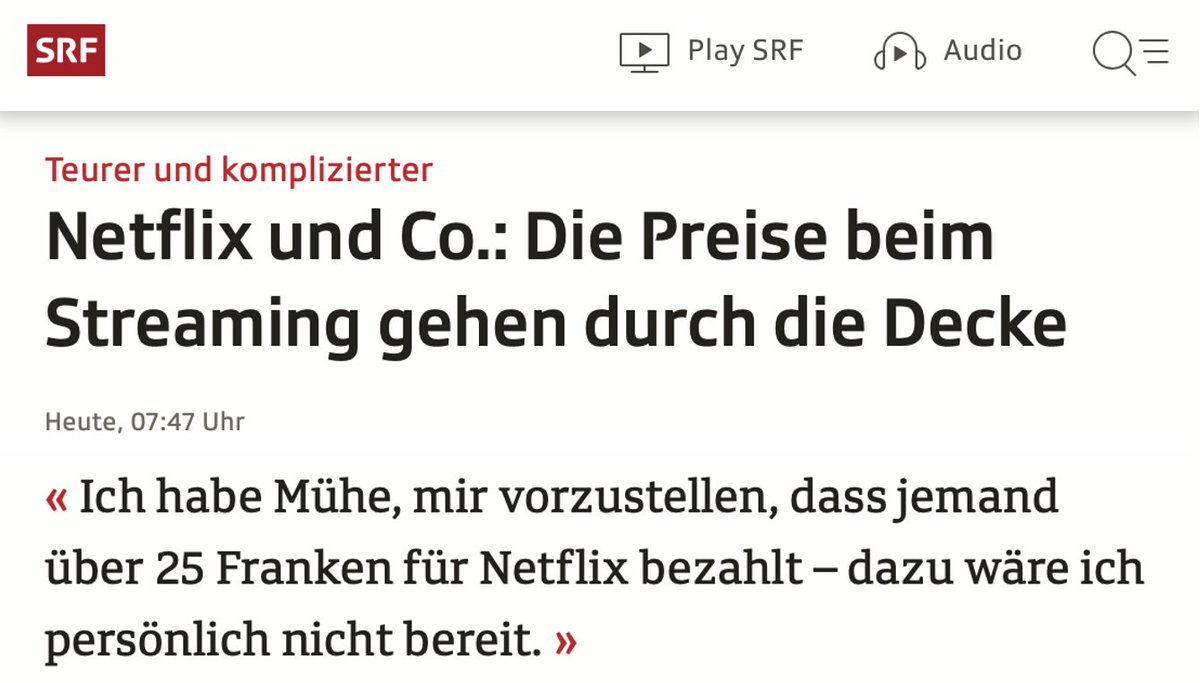 @srfnews #SRF - das 28 Franken pro Monat auch von denjenigen abzockt, die an SRF kein Interesse haben - kritisiert das Premium-Abo von @netflix für das man freiwillig 25 Franken pro Monat ausgeben kann.