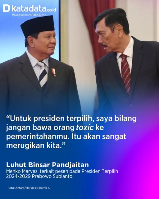 Set dah, Presiden terpilih dimarahin... Luhut Binsar Pandjaitan mengungkapkan pesannya kepada Prabowo Subianto selaku presiden terpilih periode 2024–2029. Luhut meminta agar Prabowo tidak membawa orang 'toxic' atau bermasalah ke kabinetnya.