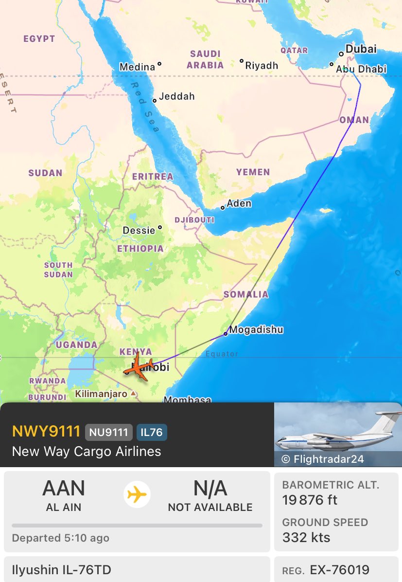 UAE/Sudan Il-76 Cargo Plane (EX-76015) from Ras al Khaymah 🇦🇪, stopped in Bosaso & Addis Abana, flying over South Sudan likely heading to Chad. Il-76 (EX-76019) from Al Ain 🇦🇪 landing in Nairobi, then will continue to Amdjarass/N'Djamena.