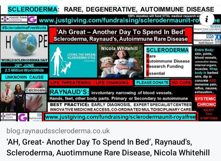 'Ah Great, Another Day To Spend In Bed' : 
blog.raynaudsscleroderma.co.uk/2017/05/ah-gre…  royalfreecharity.org/news/fundraisi… 
#SclerodermaFreeWorld #RaynaudsFreeWorld 
#Research #Scleroderma #SystemicSclerosis #Raynauds #Autoimmune #RareDisease #NoCure #UnknownCause #LifeChanging #ConnectiveTissue #DreamSnatcher