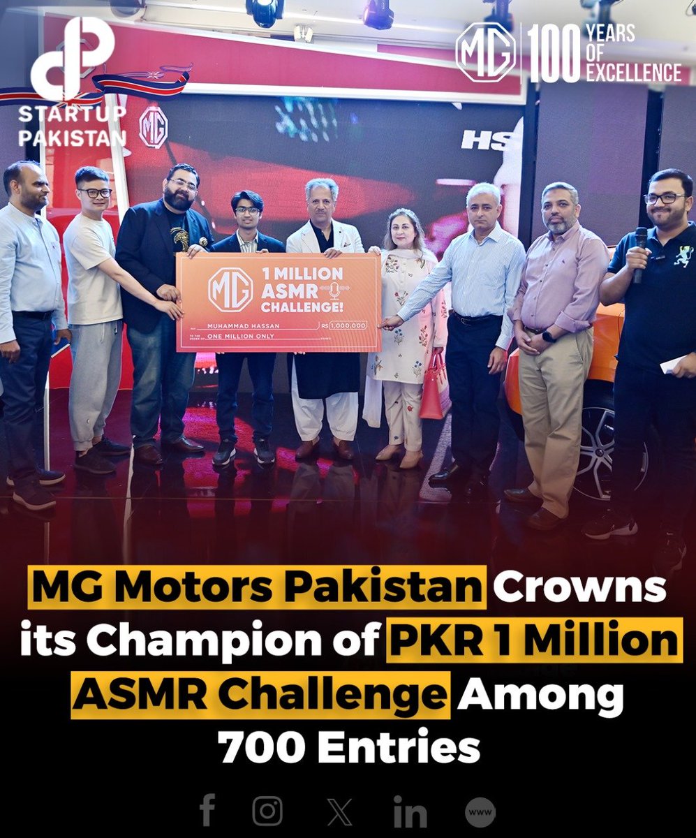 PakStartup's tweet image. Drumroll, please! MG Motor Pakistan has crowned its champion of PKR 1 Million ASMR Challenge. Over 700 entries flooded in, each showcasing the magic of the MG HS Essence. 

#iLoveMG #MGASMRChallenge #MGPakistan