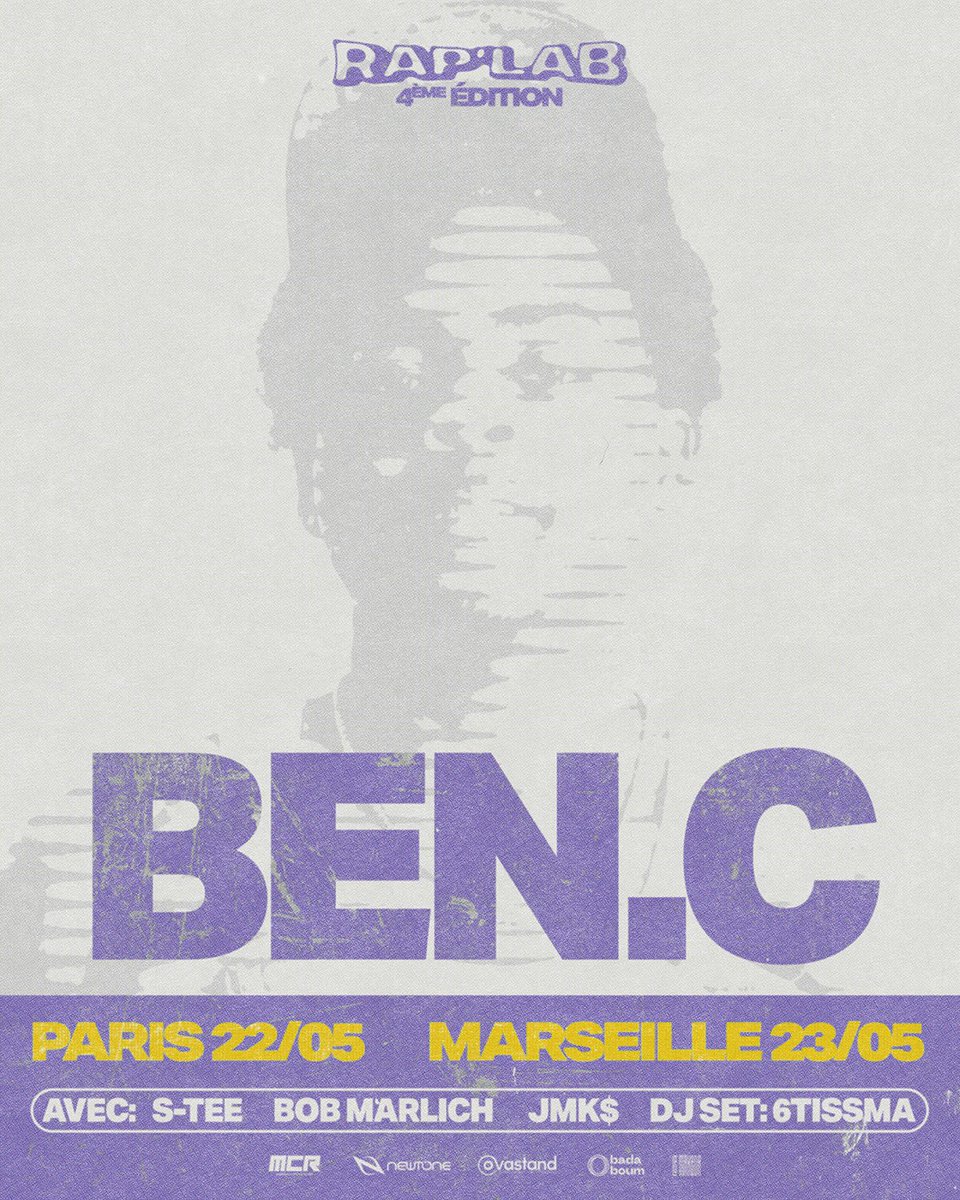 RapLab_Paris's tweet photo. Ben.C en concert à Paris &amp; Marseille : 22 mai au Badaboum et 23 mai au Makeda 🚆🔥

🎫 dans la bio et sur Dice &amp; PassCulture https://t.co/KZLt9226Ln