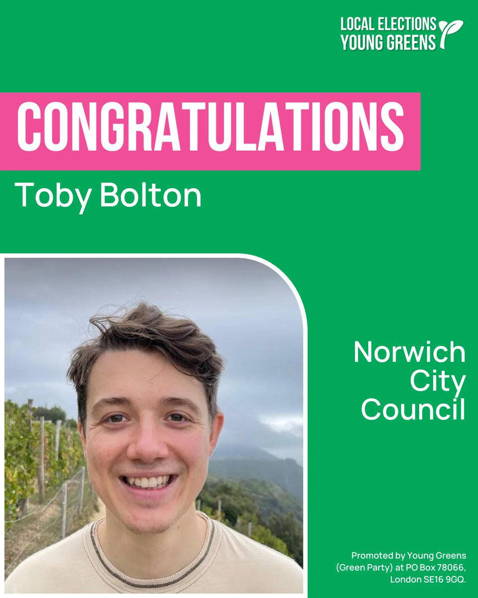 🥳 Congratulations to Toby Bolton in Norwich! 💚 As one of three Young Greens elected in Norwich we’re excited to see the fantastic work that this group will do!