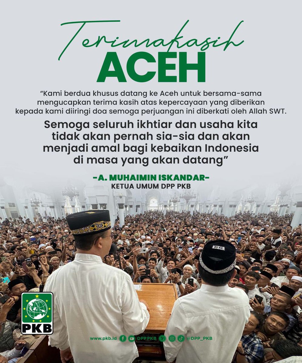Terimakasih Warga Aceh atas kepercayaan yang diberikan kepada Mas Anies @aniesbaswedan dan Gus Imin @cakimiNOW . InsyaAllah kebersamaan PKB dan Aceh untuk menjadikan Indonesia yang lebih baik, adil, makmur di masa mendatang 🙏🏻 🇮🇩 #1PKB #PKBSatukanAceh #MuhaiminIskandar