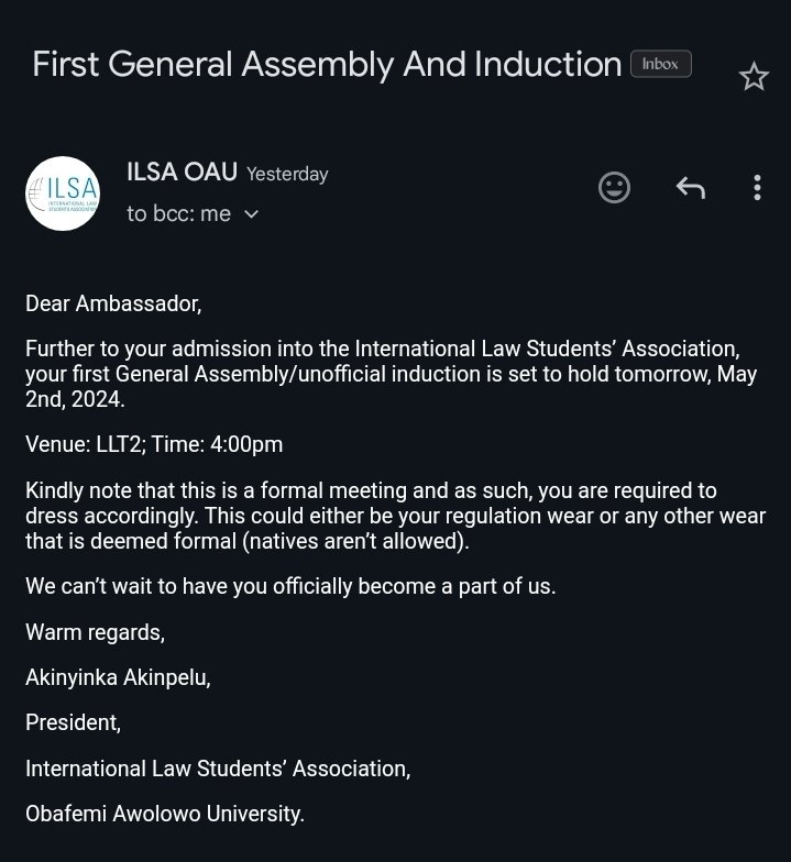 Excited to announce my induction into the @ilsa_oau Obafemi Awolowo University, Ile Ife yesterday, Thursday, 2nd of May, 2024.
Passionate about international law, I am so glad to embark on this journey of growth and learning.
#InternationalLaw  #GlobalJustice  #GlobalConnections