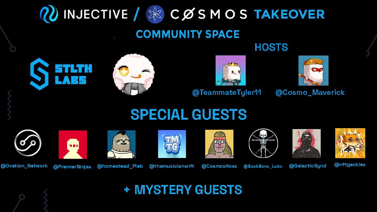 🥷🏾 @Injective / @Cosmos ⚛️ Takeover Community Space
Saturday 4th of May at 5.30 PM UTC 

We had an amazing turnout for our first ever Injective/ Cosmos Takeover Community Space, with 2,000+ tuning in 🎙🙌🏾 
And tomorrow, it's time for round 2, with even more top tier special