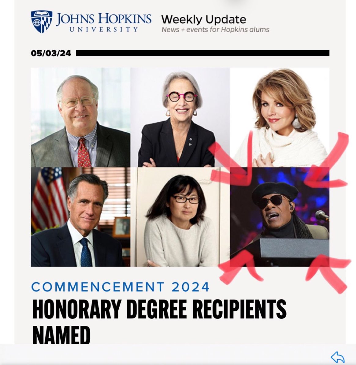 Congratulations to all the honorees at this year’s @JohnsHopkins Commencement- and of course, so proud of the graduating class @schacademy among them!! But the #FanGirl in me is over the moon that my alma mater is bestowing doctorate degree to  @StevieWonder  - I won't miss it!!!