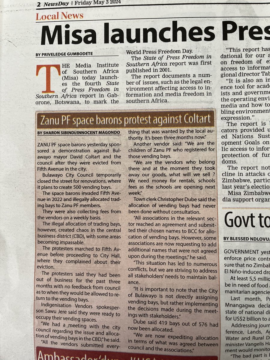 DavidColtart's tweet image. “Zanu PF space barons protest against Coltart” @NewsDayZimbabwe . As appears from the @CityofBulawayo Town Clerk’s statement we are trying to restore order in the central business district on a completely non partisan basis.

It is important for everyone, irrespective of their…