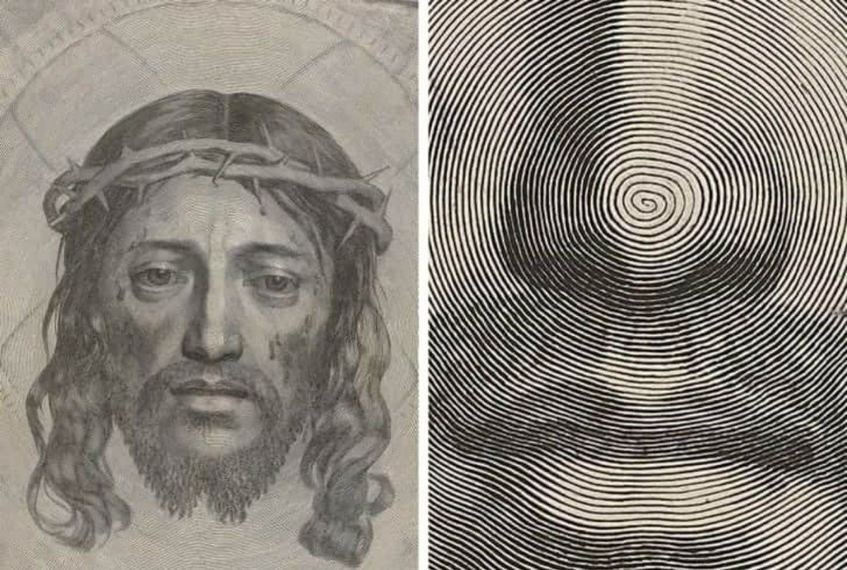 This seventeenth-century engraving of Jesus Christ wearing a crown of thorns is titled 'One with a single line. Indeed, what from a distance resembles an ordinary drawing is, up close, an image created with a single line that spirals in a spiral. All details of the face and the…