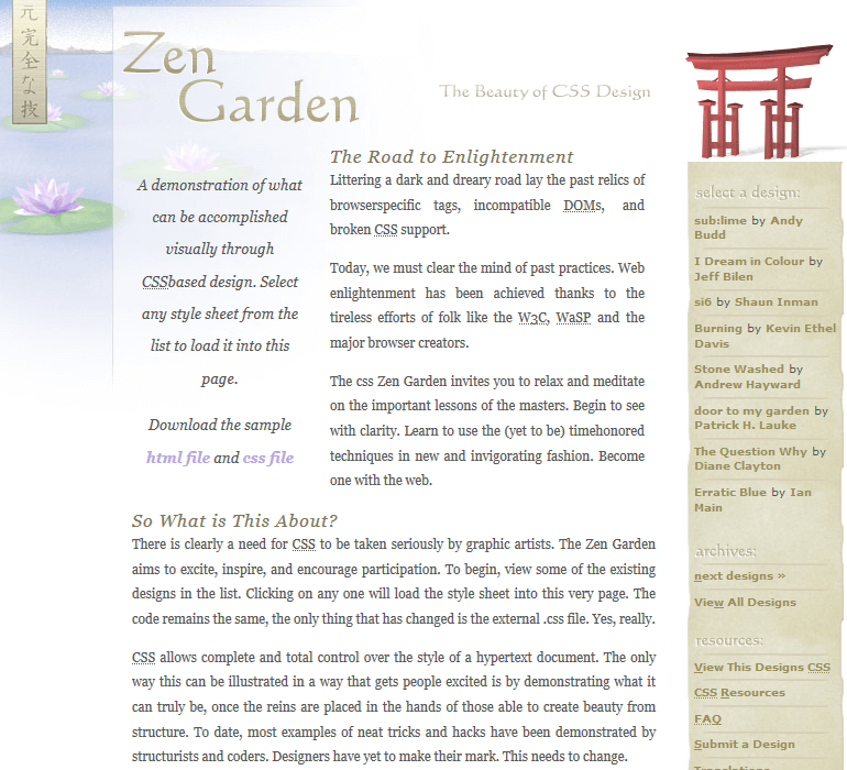 Happy 21st Birthday CSS Zen Garden!   

In May 2003 the Canadian web designer Dave Shea launched a community gallery of websites called CSS Zen Garden.   

webdesignmuseum.org/gallery/css-ze…

#WebDesignHistory