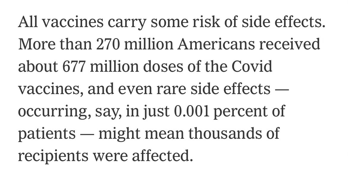 I don’t understand what NY Times is trying to do today, I mean I get the part below, but why that headline? And why bury the overwhelming benefits of Covid immunizations? Why say “for most people” the benefits outweighs the risks. Say it as it is >99.9%