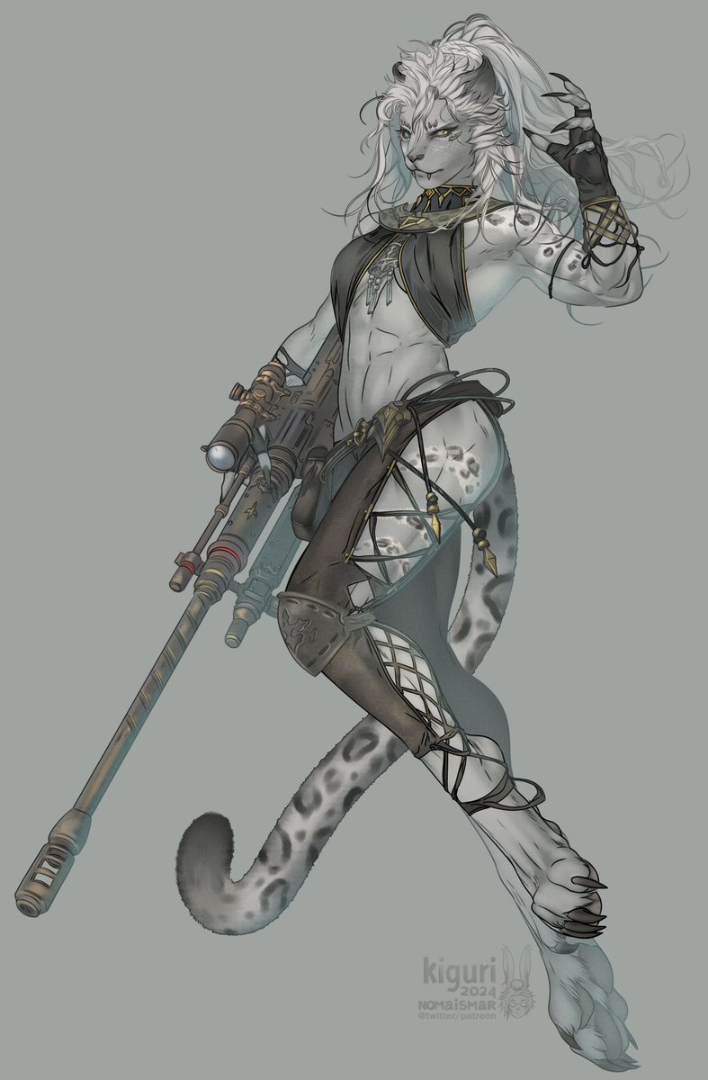 Sniper Hrothgar lady created by @QueenKissune in FFXIV benchmark.
Was asked to add paws, muscle and a ponytail to default hairstyle
#FFXIVART #Hrothgal