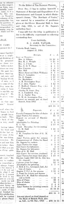 Friday's historical fact: Shakespeare's 'The Merchant of Venice' came to Lagos in 1911 when a group of 🇳🇬ians raised cash for a Midwifery Fund. Women incl Mrs Abimbola E. Gibson ( Blaize) who was the 1st qualified midwife in 1913, sold tickets to the play.