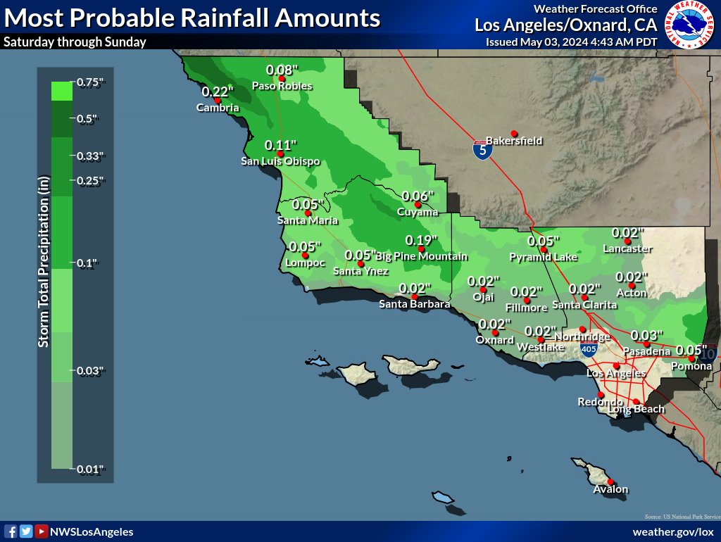 A wet weekend in store? The best chance of rain will for the northern areas along the #CentralCoast and into the Interstate 5 Corridor. Rainfall amounts should be 0.25 inch or less, except 0.25-0.50 inch in the #SLOCounty foothills. #CAwx #LARain