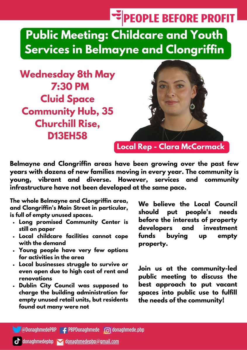 DonaghmedePBP's tweet photo. Public meeting on childcare access and youth services in Belmayne-Donaghmede.

Join us Wednesday 8th of May at 7:30pm at the Cluid Space Community Hub, Belmayne. https://t.co/rtroo9gIKb