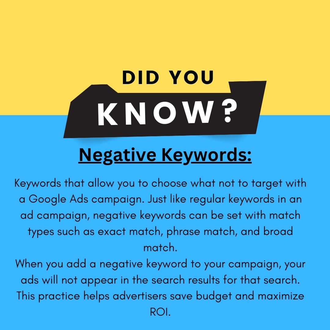 Negative keywords are terms you exclude from ads to avoid irrelevant clicks. They refine targeting and prevent budget waste.
.
#AdWords #PPC #DigitalMarketing #SEM #OnlineAdvertising #Keywords #CampaignManagement #MarketingStrategy #GoogleAds #AdvertisingTips