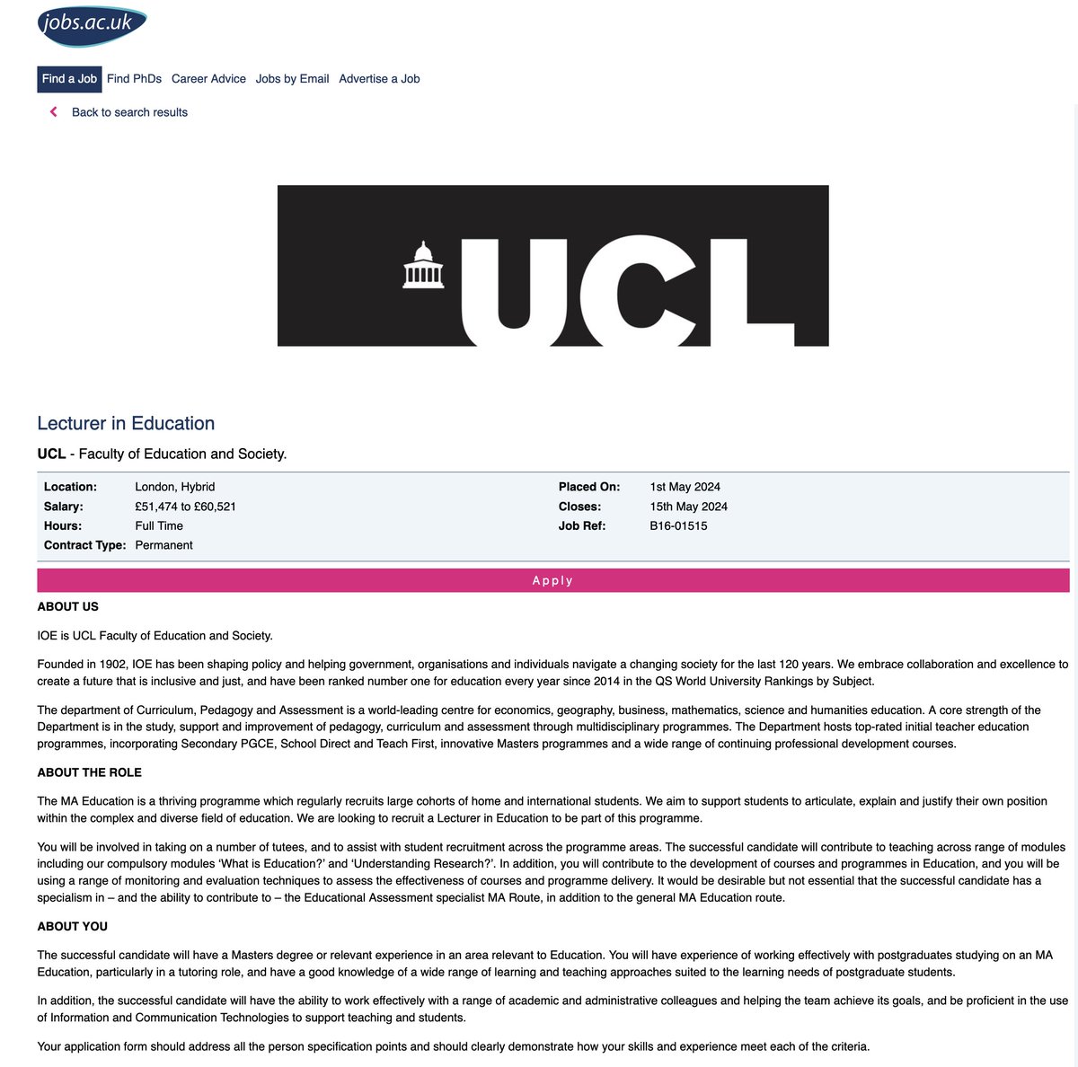 Come and work with us @IOE_London, 1st in the world for Education in the QS university rankings again this year (for the 11th year in a row) on our outstanding MA Education programme? jobs.ac.uk/job/DHL139/lec…