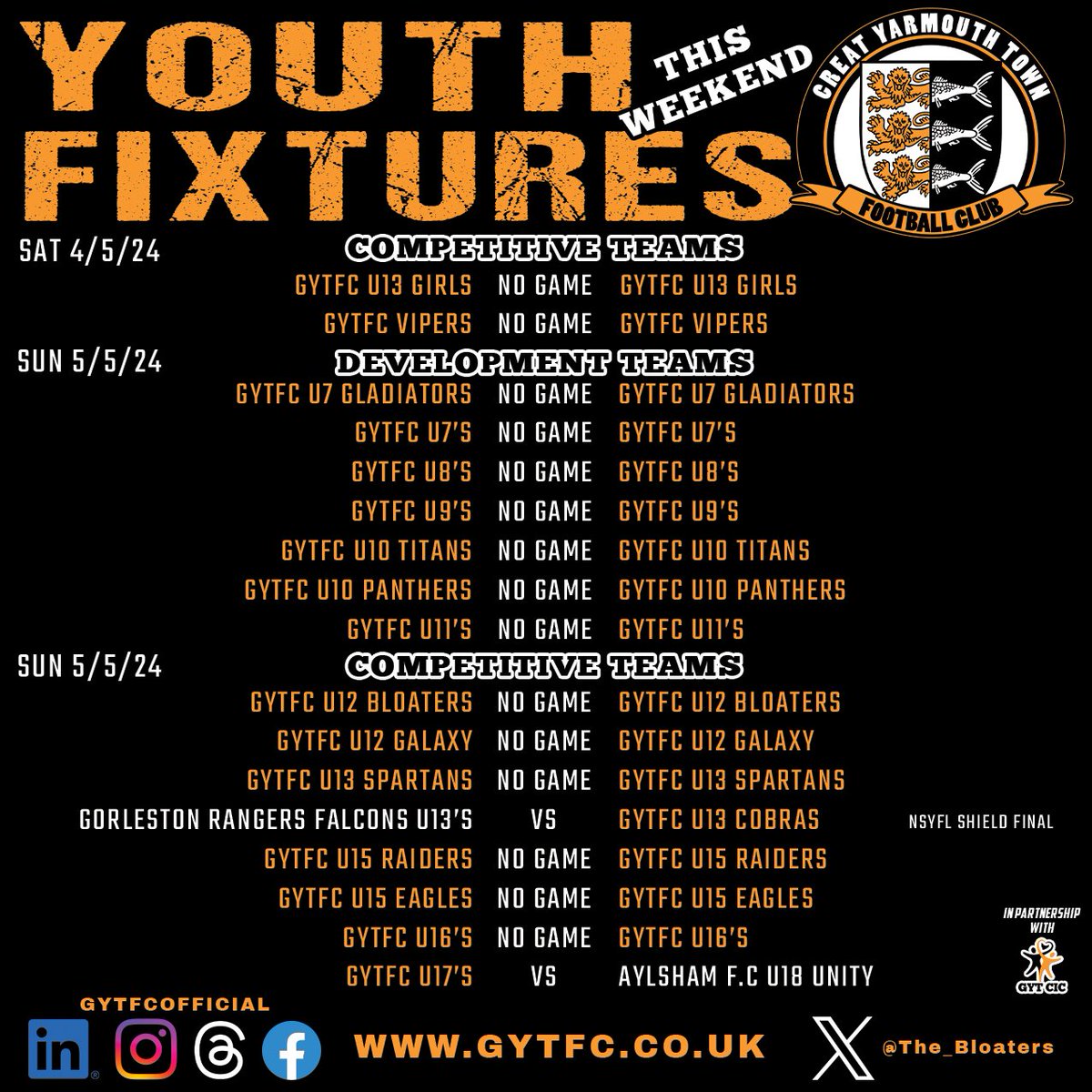 🧡🖤YOUTH FIXTURES🖤🧡 Just 2 games this weekend for our youth. Sunday sees our U17's host Aylsham FC U18 Unity whilst our U13's face Gorleston Rangers Falcons in the NSYFL Shield Final. Good Luck to our Young Bloaters 🧡🖤