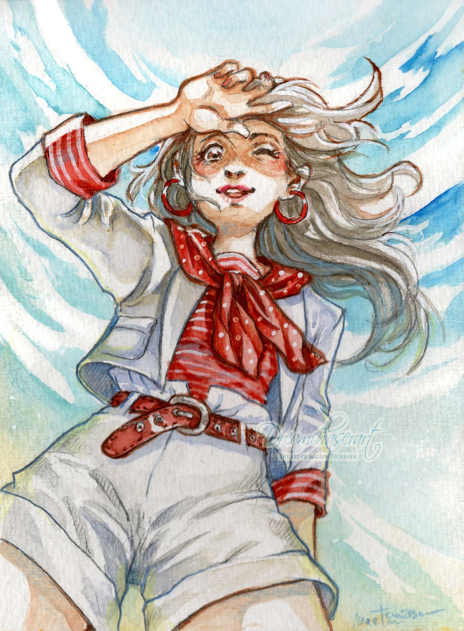 A watercolor drawing I did recently. The clothes where  inspired by an outfit that I saw in an old 80s japanese fashion magazine. I added some extra details to it, like the belt. 

#aquarel #anime #mangaart #dreamchaserart #illustration #watercolor #sketchbook #art