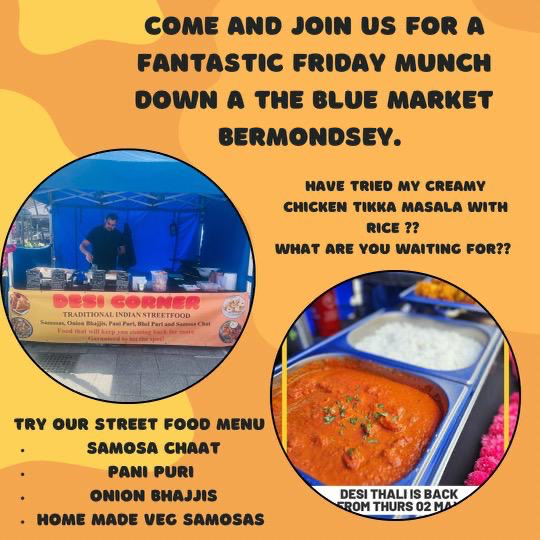 HUNGRY? Let's eat at @thebluemarket. Try Desi Thali creamy chicken tikka masala with rice & add some tasty samosa chaat, pani puri or onion bhajjis. Desi Thali stall, Wednesday to Friday with additional Saturday this week. So if you miss it today, come and check it out tomorrow