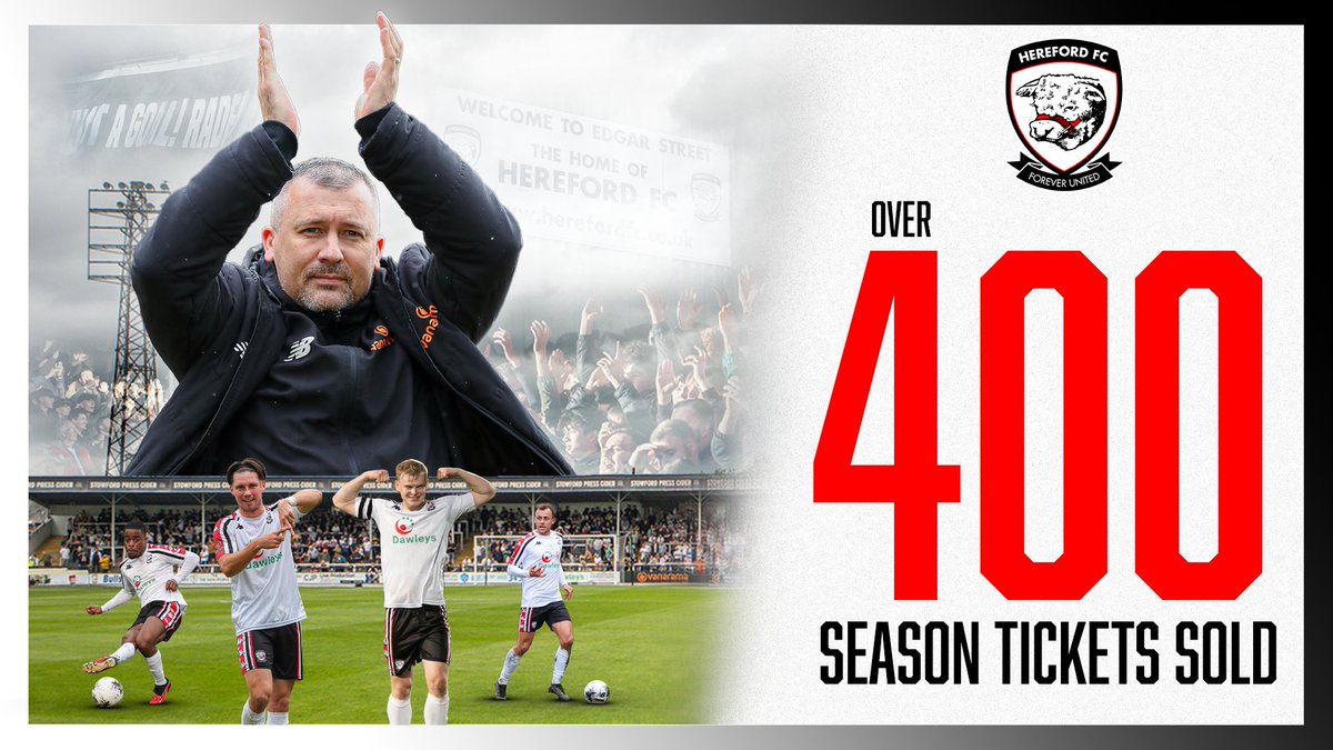 WOW! Over 400 season tickets sold already! 🤯

Get yours before the early bird offer ends at the end of the month. 🎟️
herefordfc.ticketco.events/uk/en/e/202425…
#COYW | #OurCity