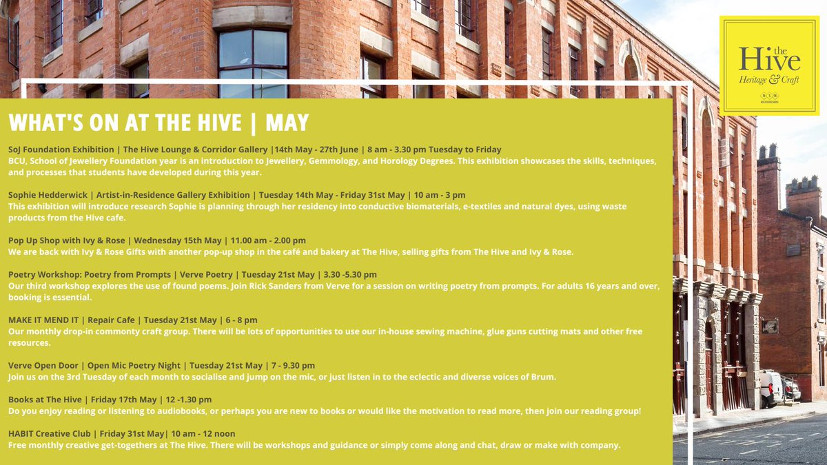📢 What's on at The Hive this May. We are open Tuesday to Friday 8am - 3.30pm. For more information and bookings follow the link in the bio or get in touch! #whatsoninBirmingham #freeEvents