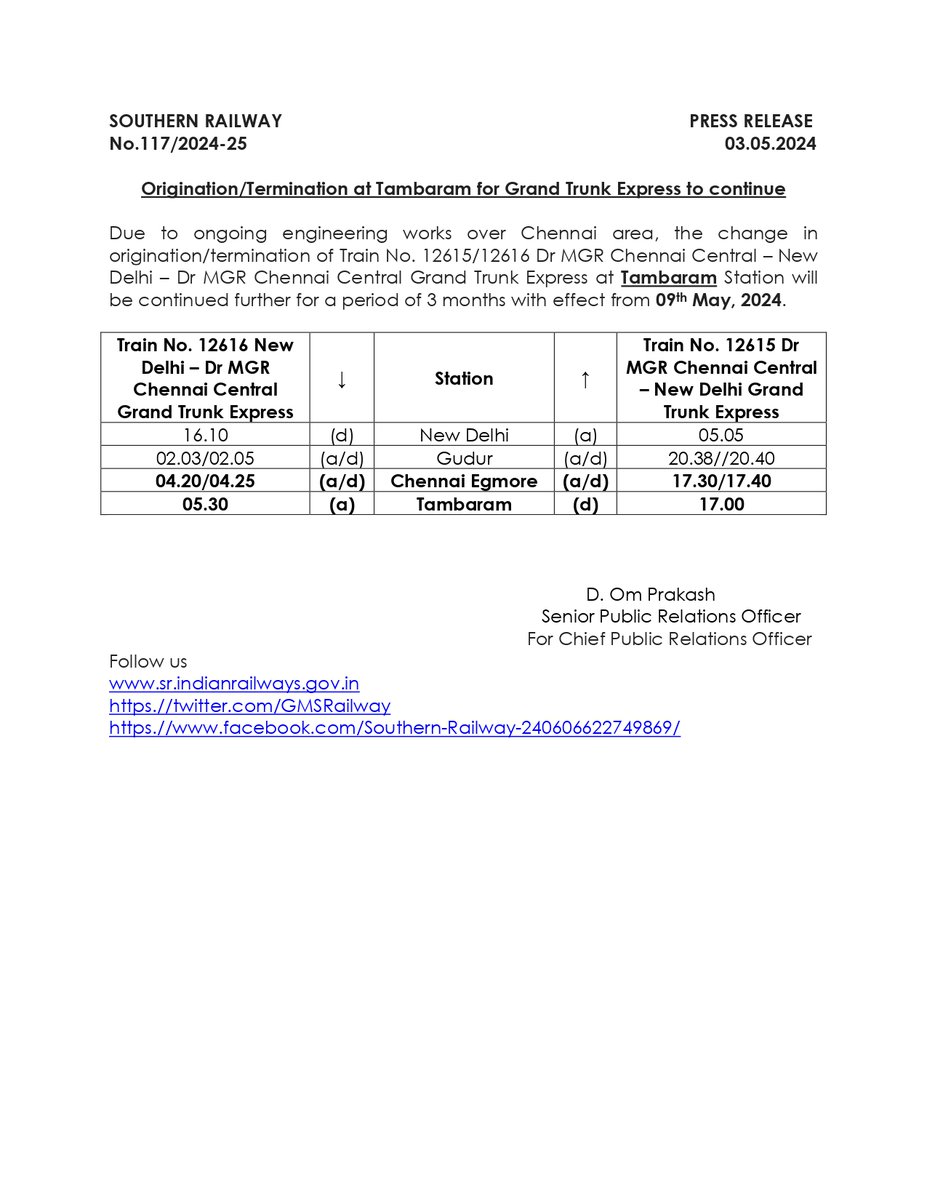 Due to ongoing engineering works over Chennai area the change in origination/termination of TNo 12615/12616 Dr MGR Chennai Central-New Delhi–Dr MGR Chennai Central Grand Trunk Express @ Tambaram Station will be continued further a period of 3 months with effect from 9th May 2024