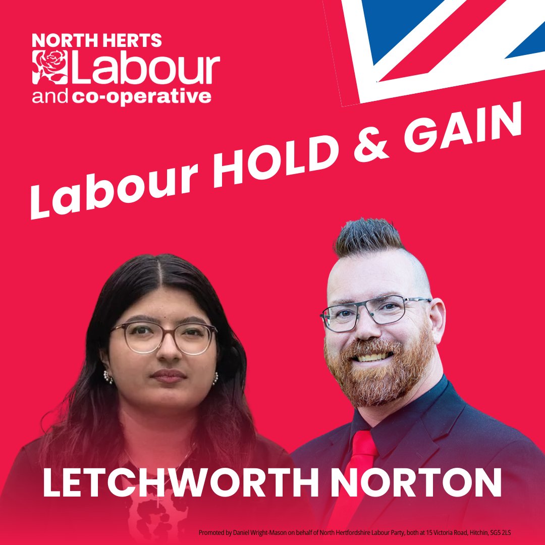 Congratulations Tina Bhartwas and Daniel Allen, elected to the Letchworth Norton ward on new boundaries! #LabourGain #LocalElections2024
