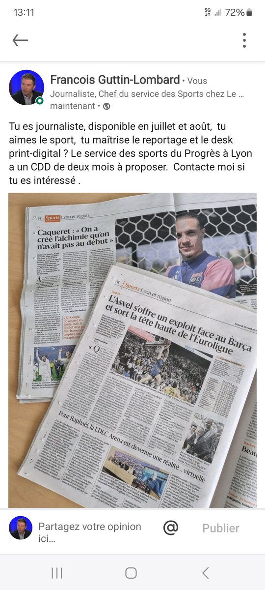 Tu es journaliste,  tu aimes le sport,  tu maîtrises le reportage et le desk print/ digital et tu es disponible en juillet/août ? Le service des sports du Progrès à Lyon propose un CDD de 2 mois. Contacte moi si tu es intéressé.