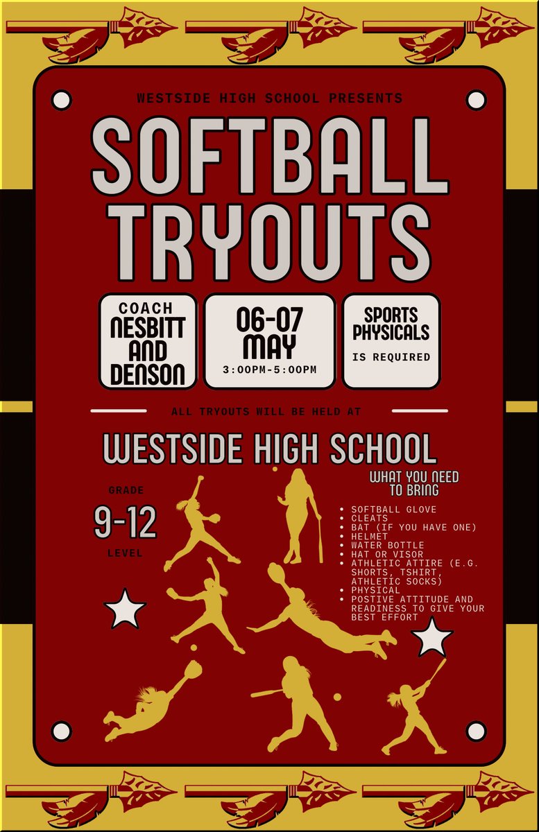 SOFTBALL TRYOUTS > Step up to the plate for our Softball Tryouts! Coaches Nesbitt & Denson are looking for dedicated players for the new season. Join us on May 6th & 7that 3:00 PM - 5:00 PM and bring your best game! #Built4Bibb #WestsidePride #BibbAthletics #SeminoleSoftball